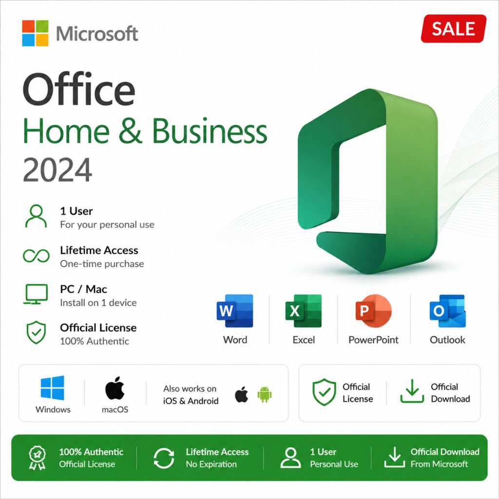 Microsoft Office Home & Business 2024 | One time purchase, 1 Device | Windows 10/11, Mac – Key